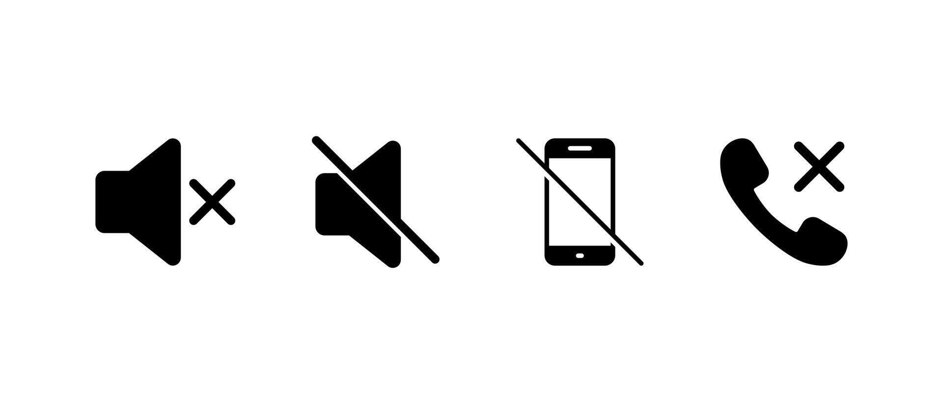 Mute speaker, no mobile phone, and call cancel icon. Silence, do not disturb, and telephone disable symbol vector