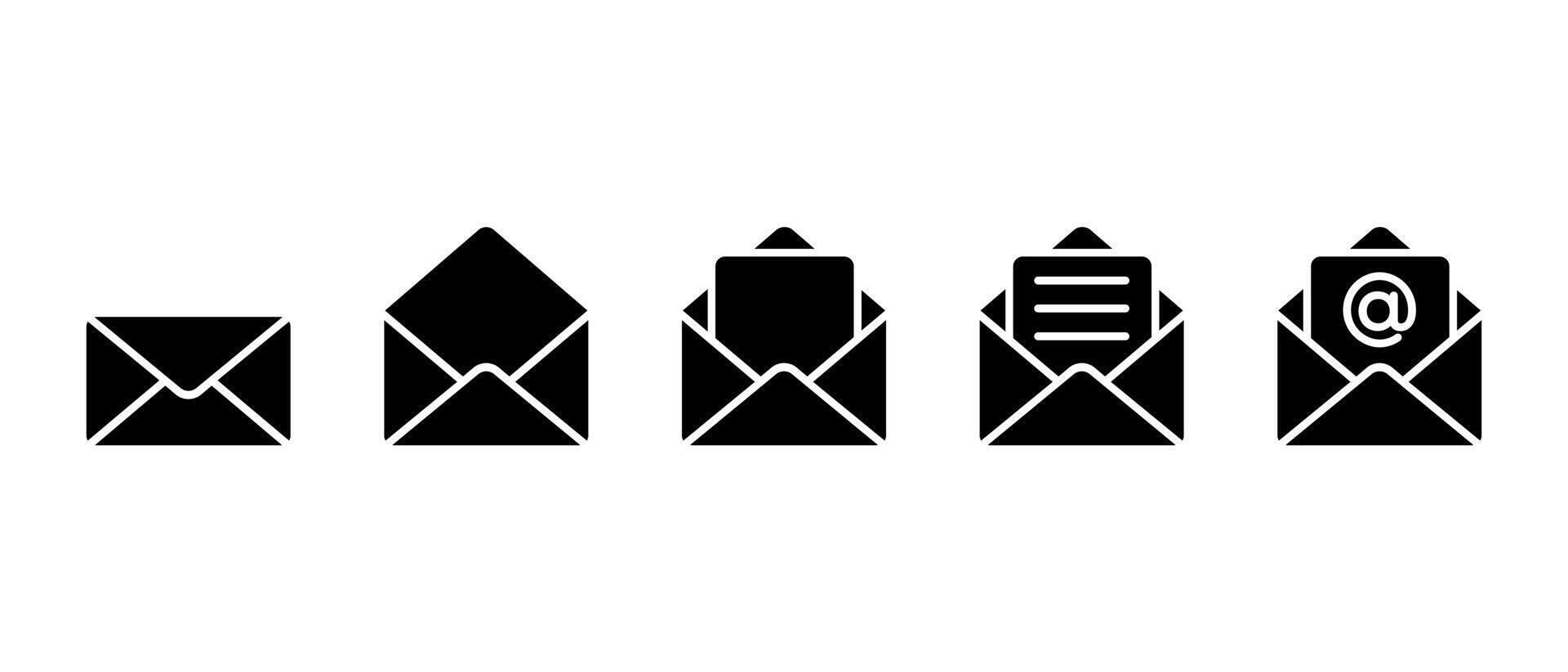 Email envelope icon set. Closed, open mail, incoming letter, text message, and inbox with mention symbol vector