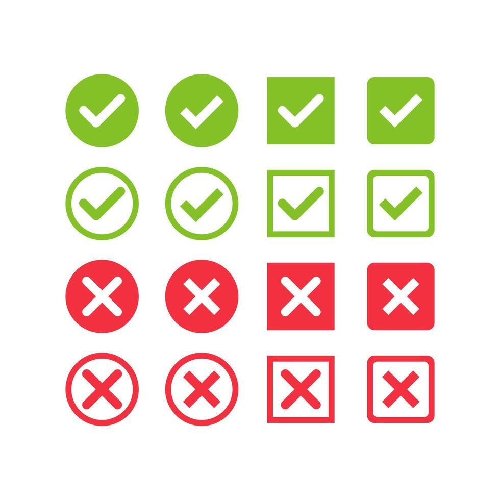 Large set of flat buttons. green check marks and red crosses. Circle and square, hard and rounded corners. vector
