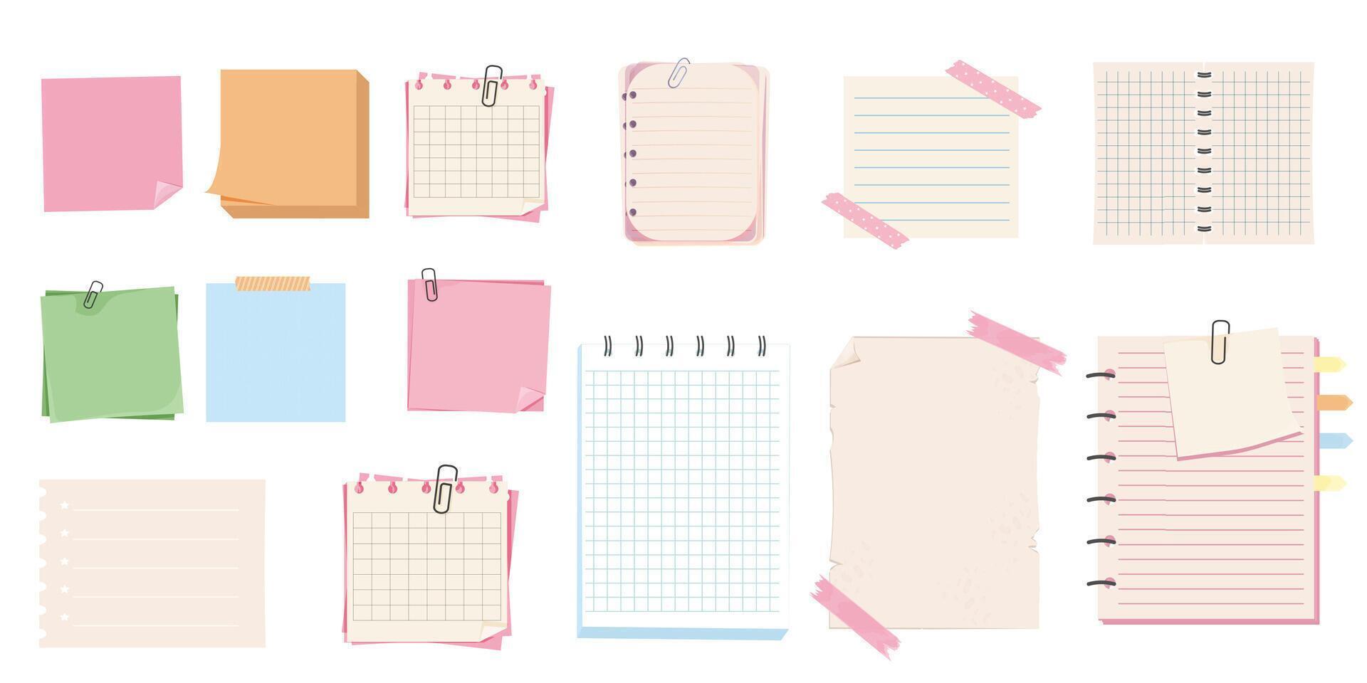 Notes, memo pages with paper clip and adhesive tape. Sticky remind blanks, sheets, stickers. Checklist ripped torn edge paper. vector