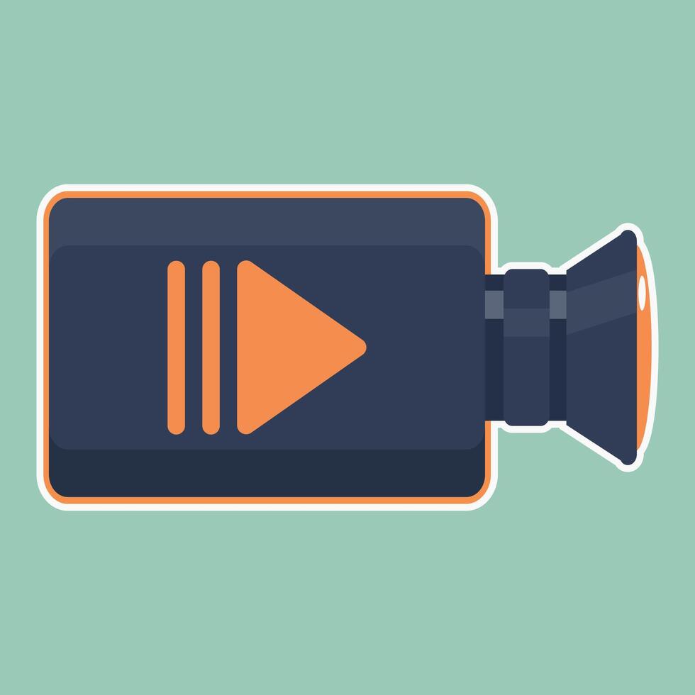 Modern flat design icon of a camera, presented in a clean sticker style. This simple graphic features a prominent play button, symbolizing content, filmmaking, and media vector