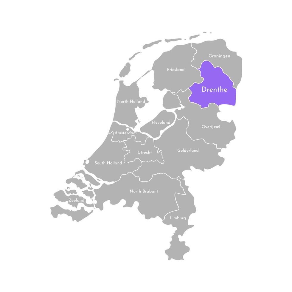 isolated simplified illustration icon with grey silhouette of Netherlands provinces. Selected administrative division Drenthe. White outline and background vector