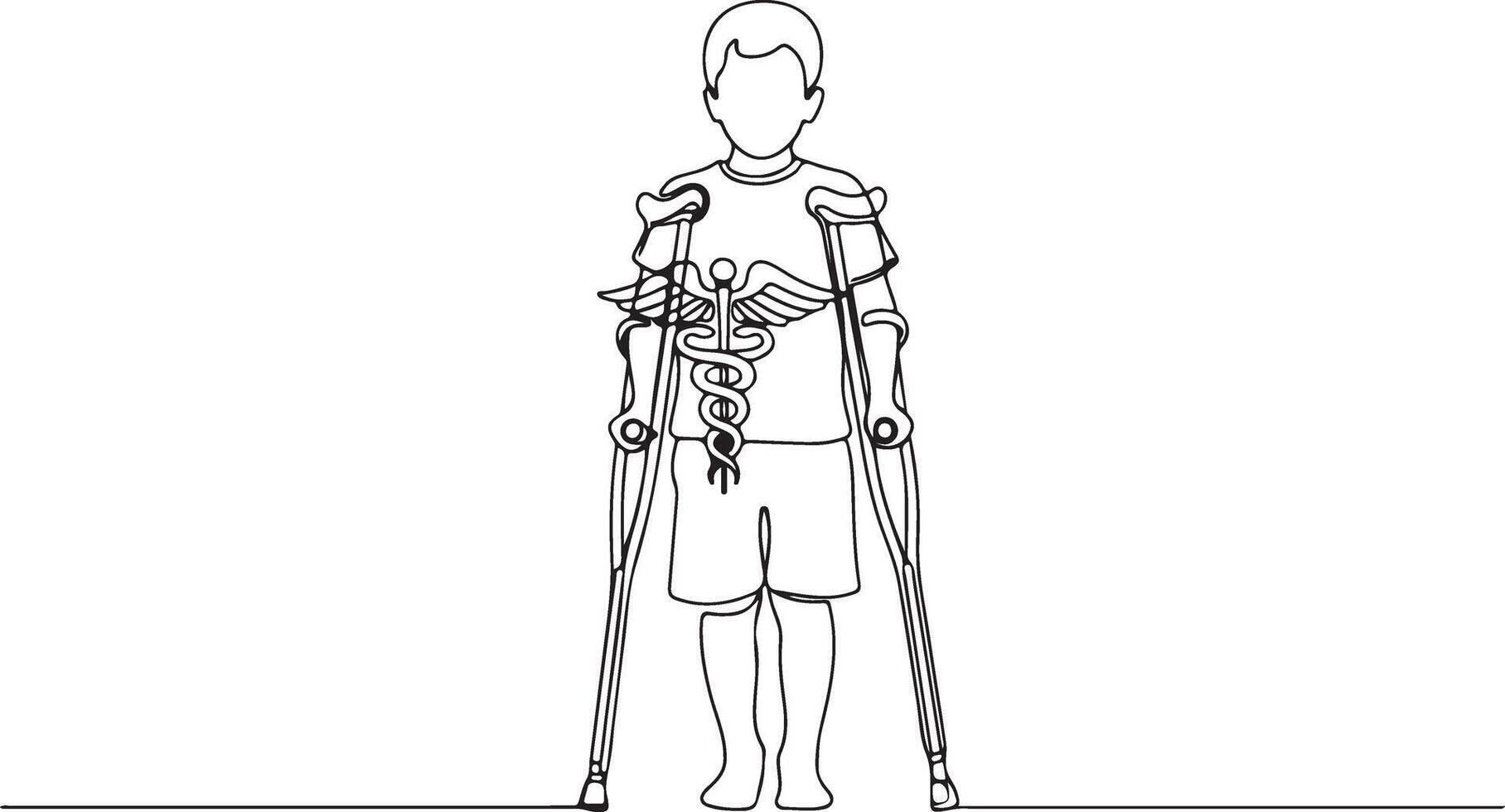 Child standing with crutches in a simple line drawing style vector