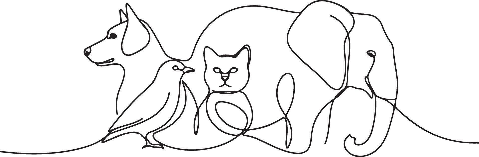 Continuous line drawing of diverse animals intertwined in a single flowing form vector