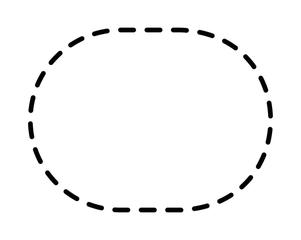 Dashed line circle frame. isolated on white background. Oval-shaped dashed line frame with evenly spaced black dashes, isolated on a white background. vector