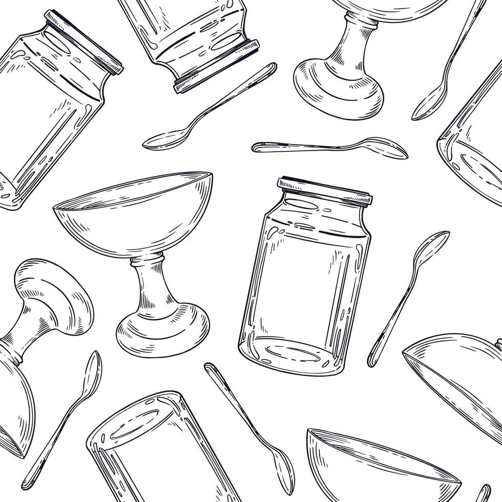 Seamless pattern of empty dishes, glass jar for preservation, jam vase, teaspoon. All objects are hand-drawn with ink. Suitable for printing on wrapping paper, fabric. illustration vector