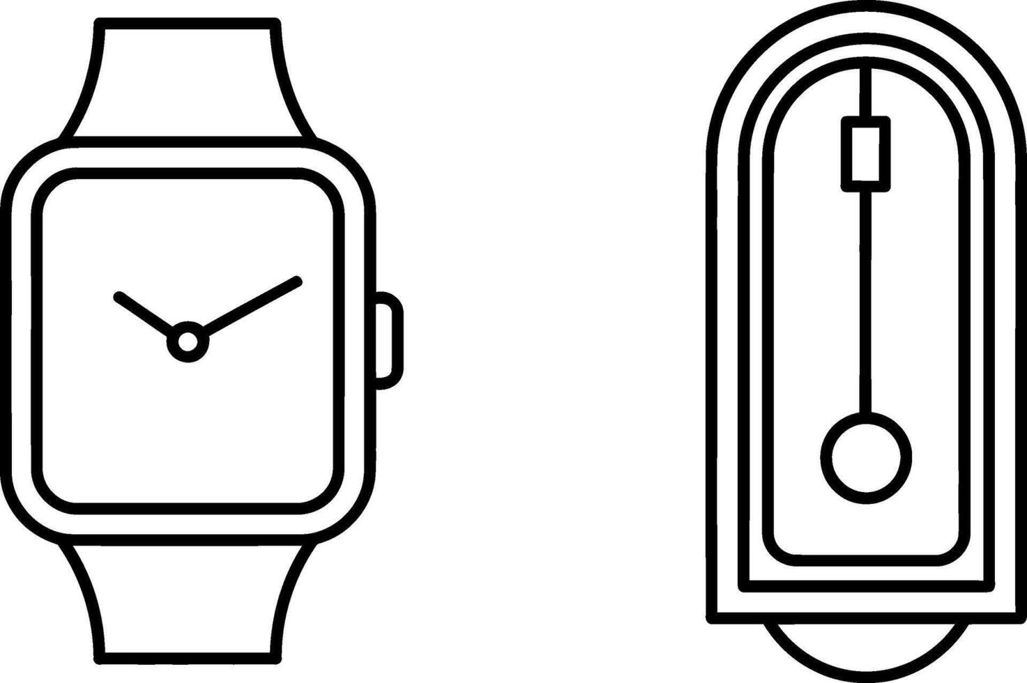 Simple line icons of a modern smartwatch and a classic pendulum clock for timekeeping concepts vector