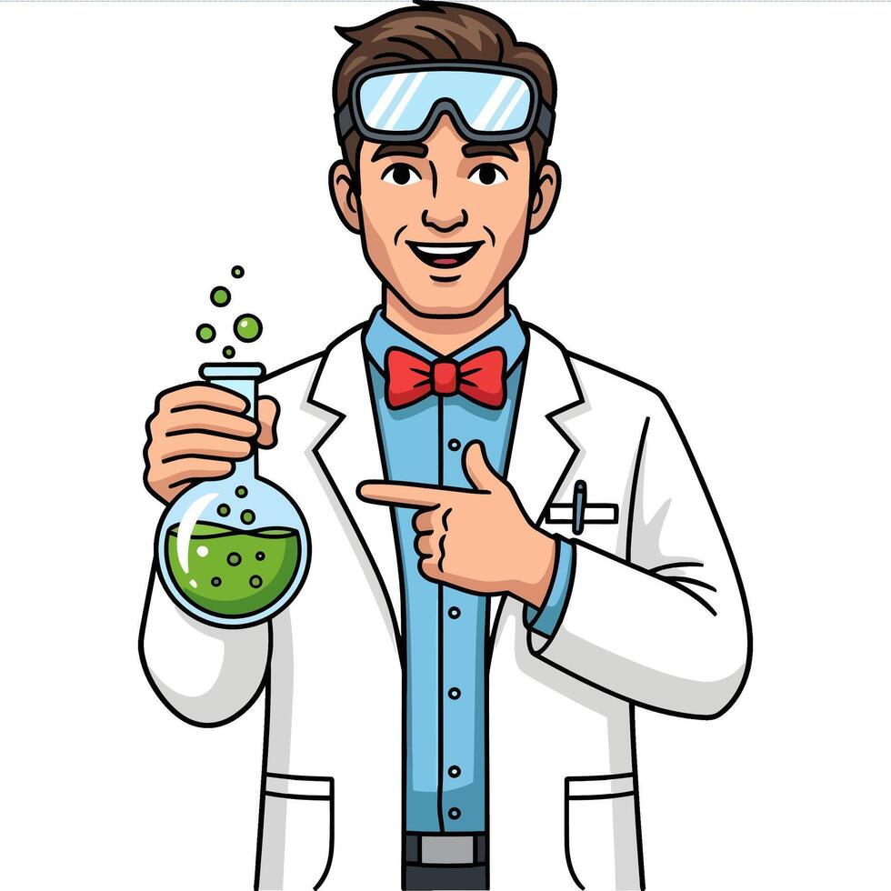 A cheerful cartoon scientist character in a lab coat and safety goggles presenting a successful experiment in a green bubbling flask vector