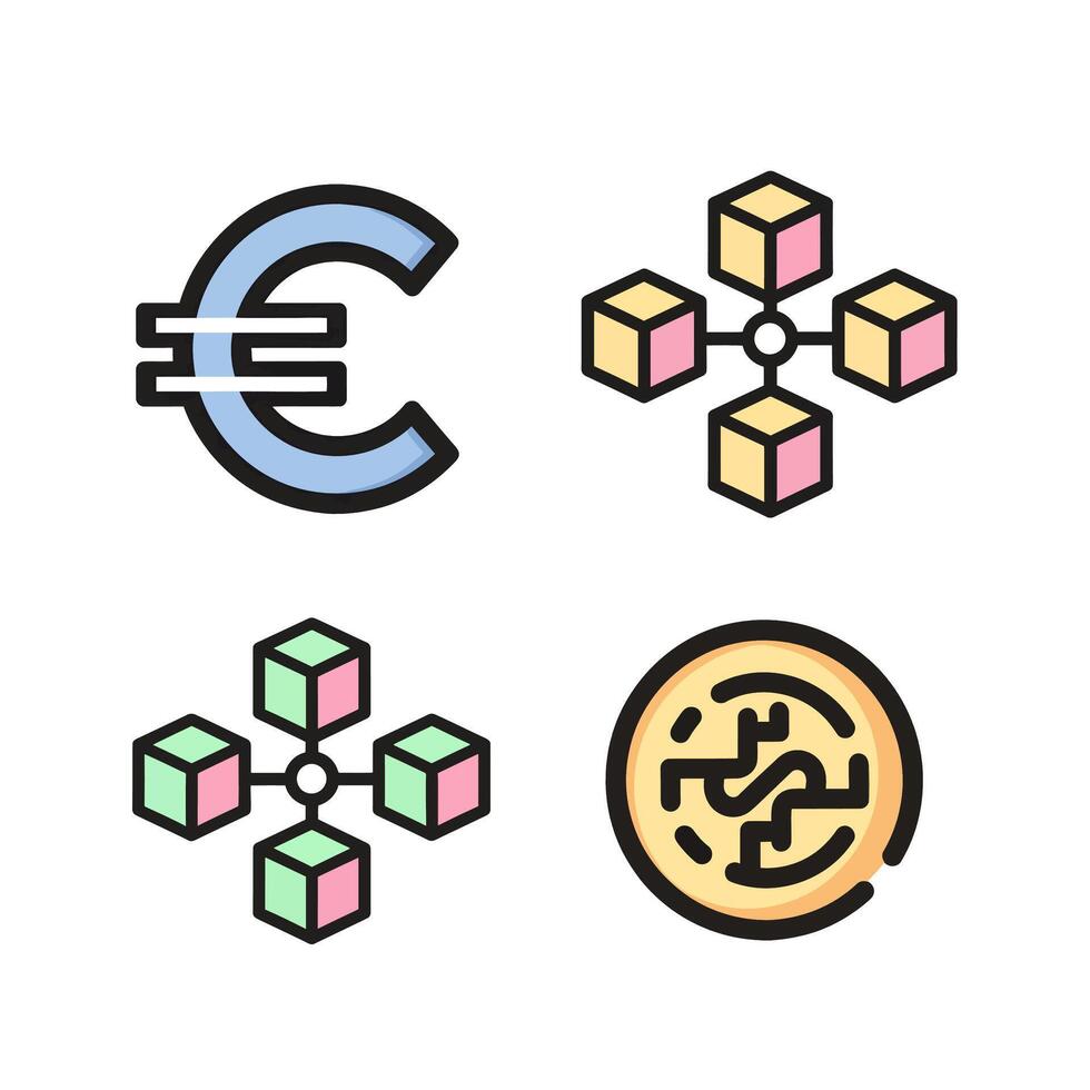 Set of four flat design icons representing finance and technology concepts, including currency symbols and blockchain technology vector