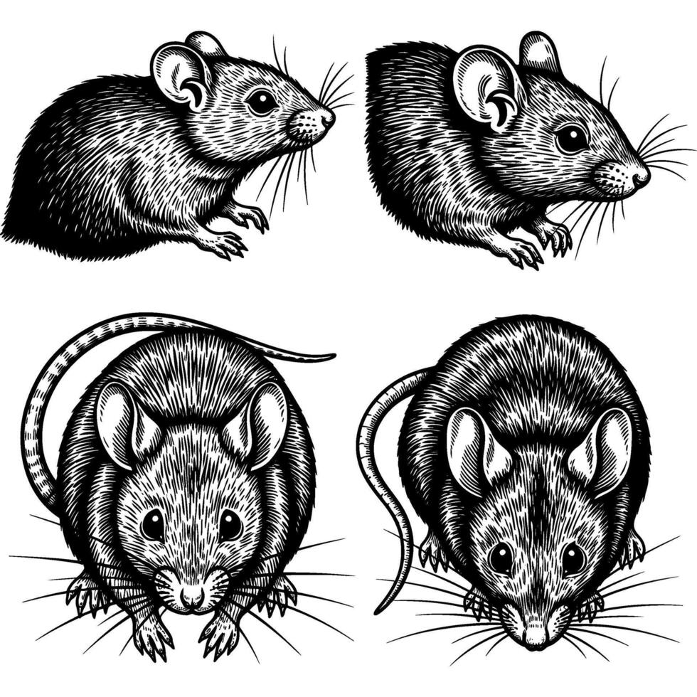 A set of four detailed line art illustrations of mice in various poses, showcasing intricate hatching and cross-hatching techniques on a white background vector