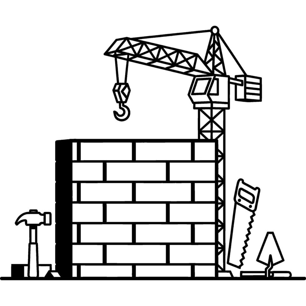 Building construction graphic with brick wall, crane, and tools, illustrating progress, development, and foundational investment for future projects vector