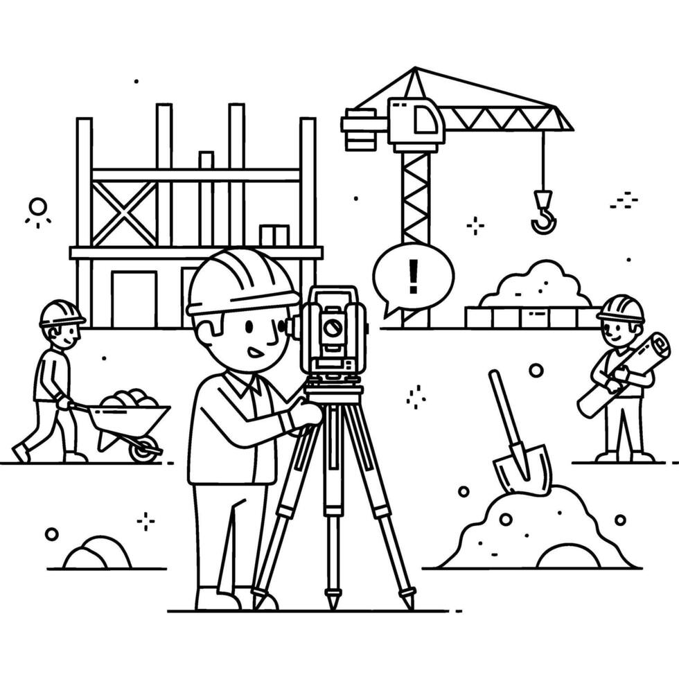 Line art illustration of a construction site with a surveyor using a theodolite, engineers working, and a crane in the background vector