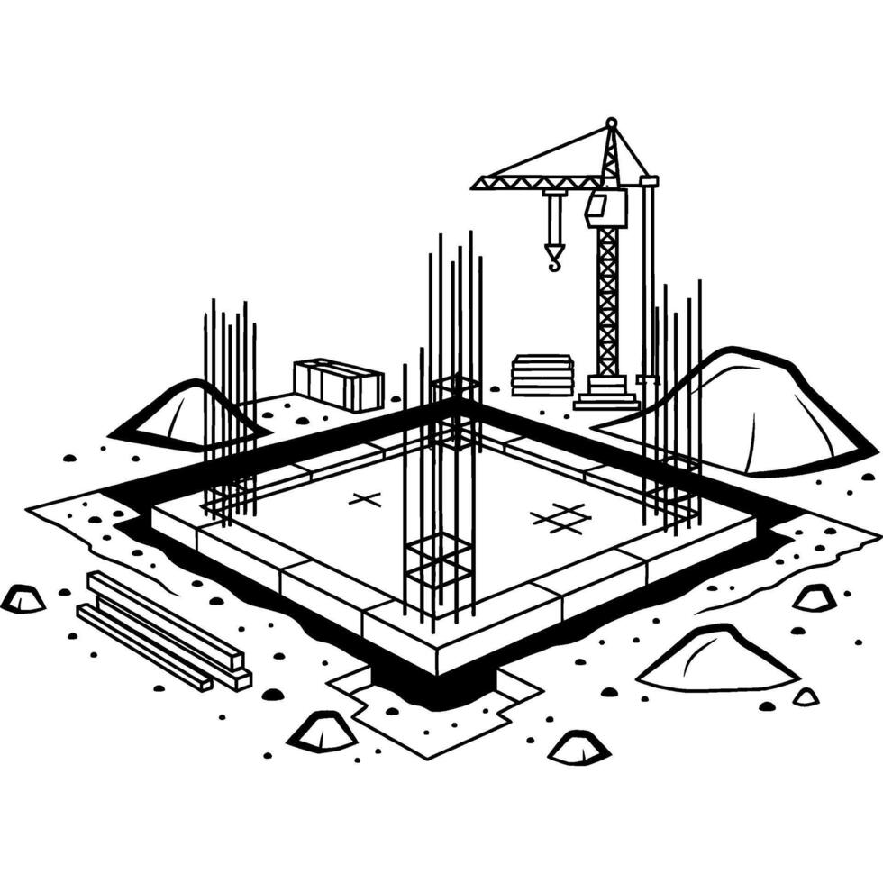 Construction site with foundation, rebar, and crane, illustrating building progress and infrastructure development in an isometric view vector