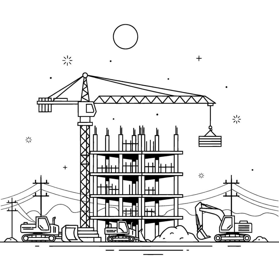 Outline concept of urban development featuring a skyscraper framework, tower crane, and heavy construction equipment vector