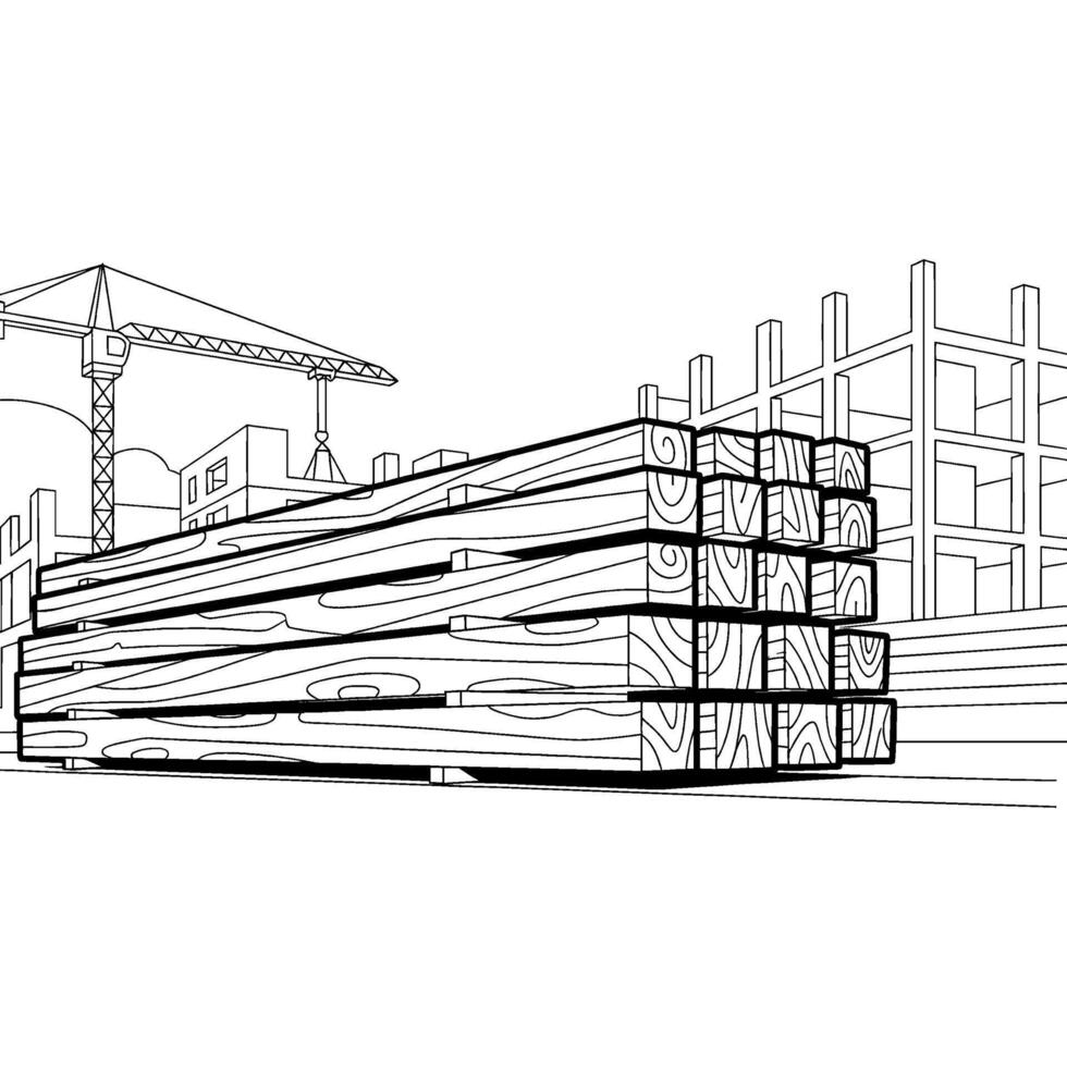 Monochrome sketch depicting foundational elements of a bustling construction project with essential timber materials, heavy machinery, and developing architectural structures vector