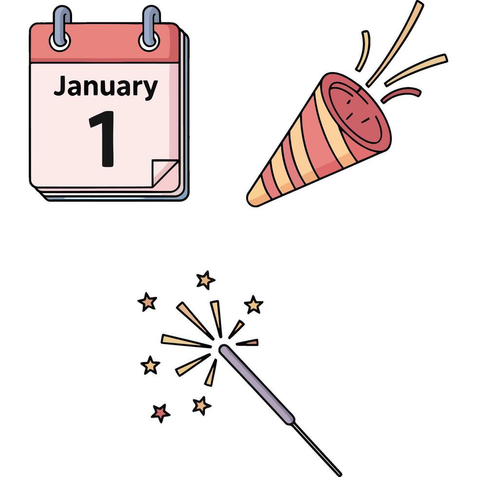 Festive New Year's Celebration Kit with Calendar Showing January First, Exploding Party Popper, and Sparkling Sparkler Illustration vector