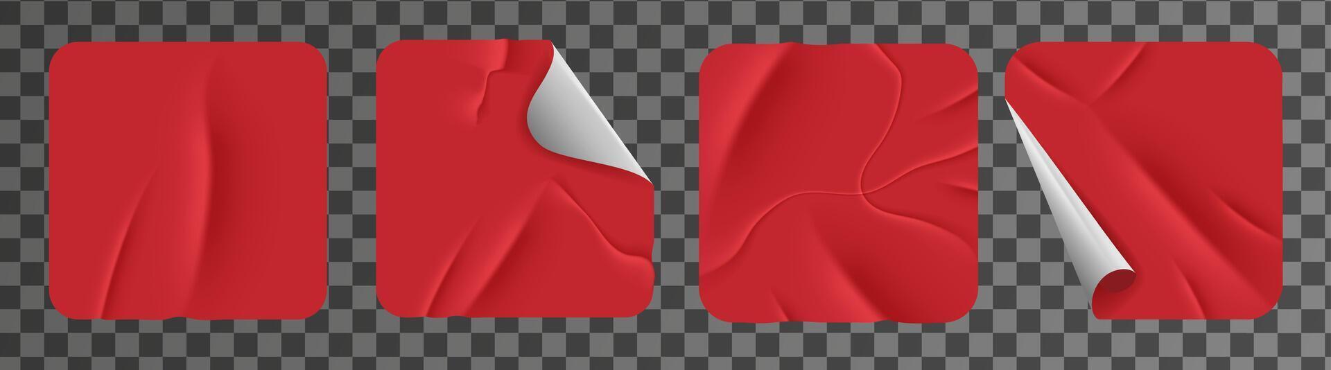 Realistic collection of red square stickers with folds. Duct tape with wrinkles set. Scotch tape, wrinkled paper texture vector