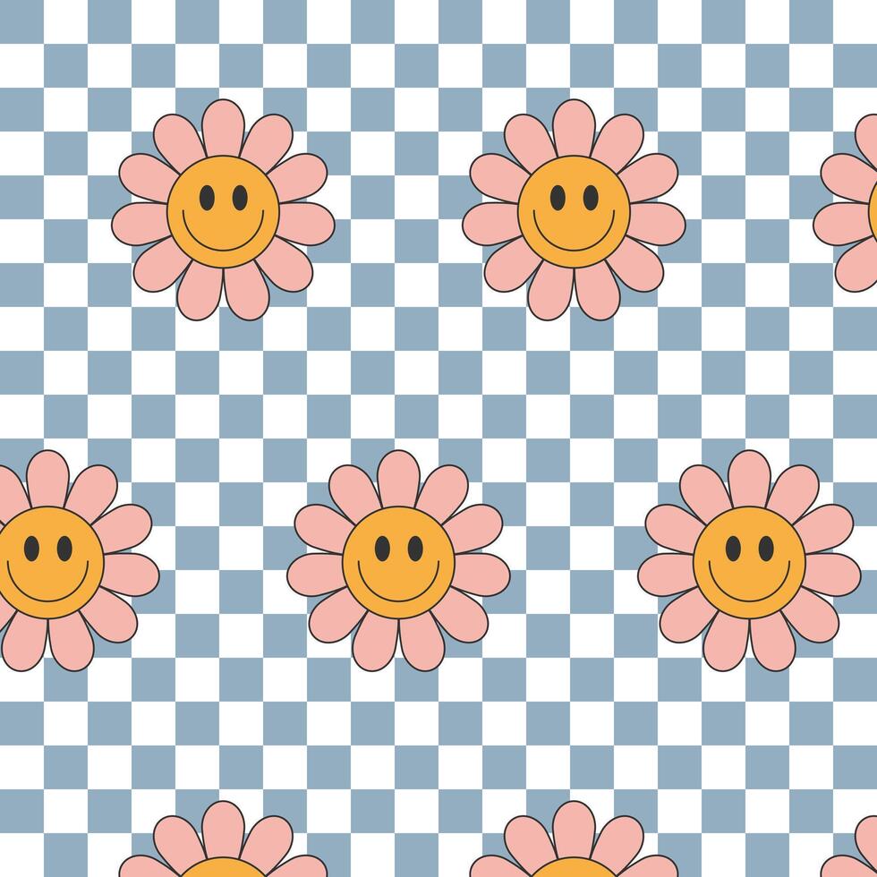 Seamless groovy pattern with pink smiling flower on blue white checkered background, retro style design for textile and wrapping paper. vector