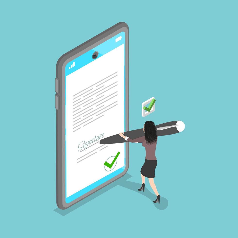 3D Isometric Flat Illustration of Electronicaly Signed Document, Digital Xontract, E-document vector