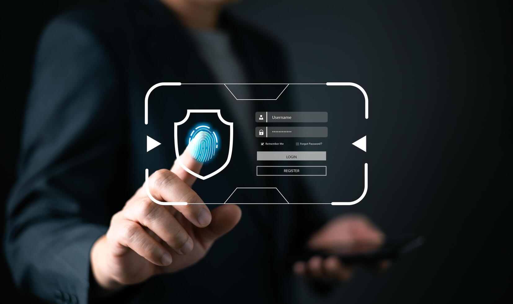 man touch with a futuristic login interface using biometric fingerprint authentication. digital display includes a shield icon, username, password fields, symbolizing secure cyber data protection. photo