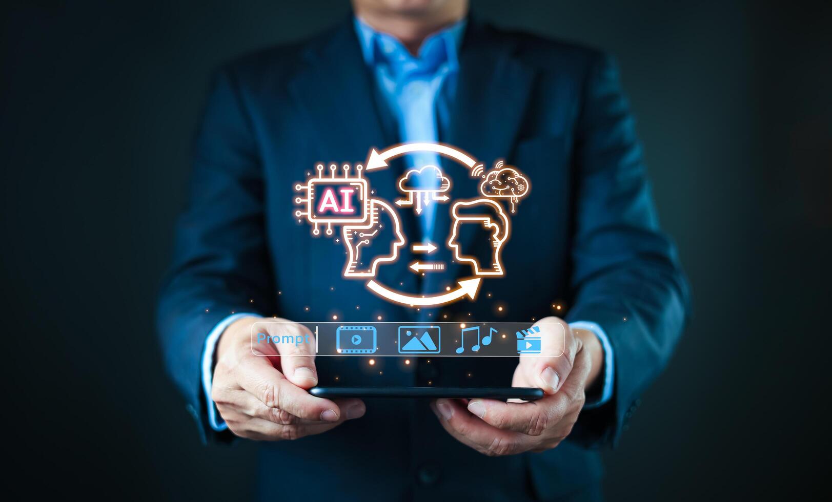 Engaging with an AI powered content creation interface, a businessman selects media options, highlighting the use of AI in research and digital innovation. photo