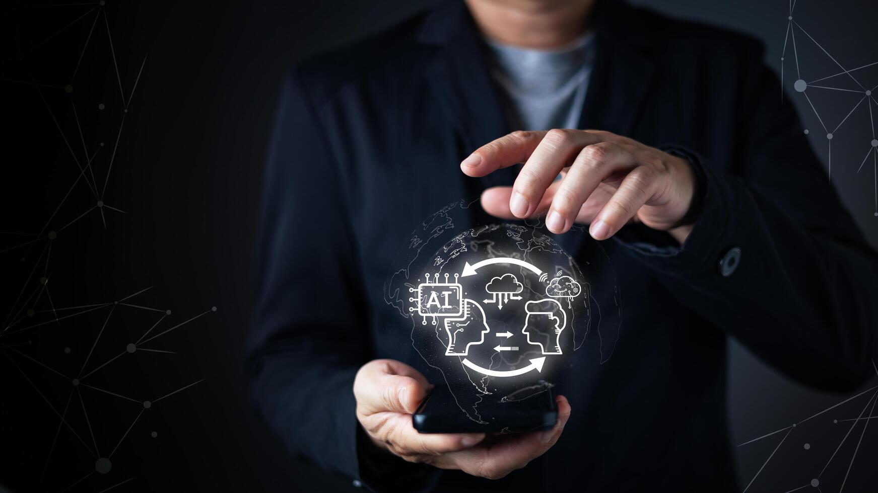 person interacts with a smartphone,projecting a glow AI digital interface.futuristic features artificial intelligence,cloud computing, and machine learning icons,symbol advanced tech and intelligence. photo