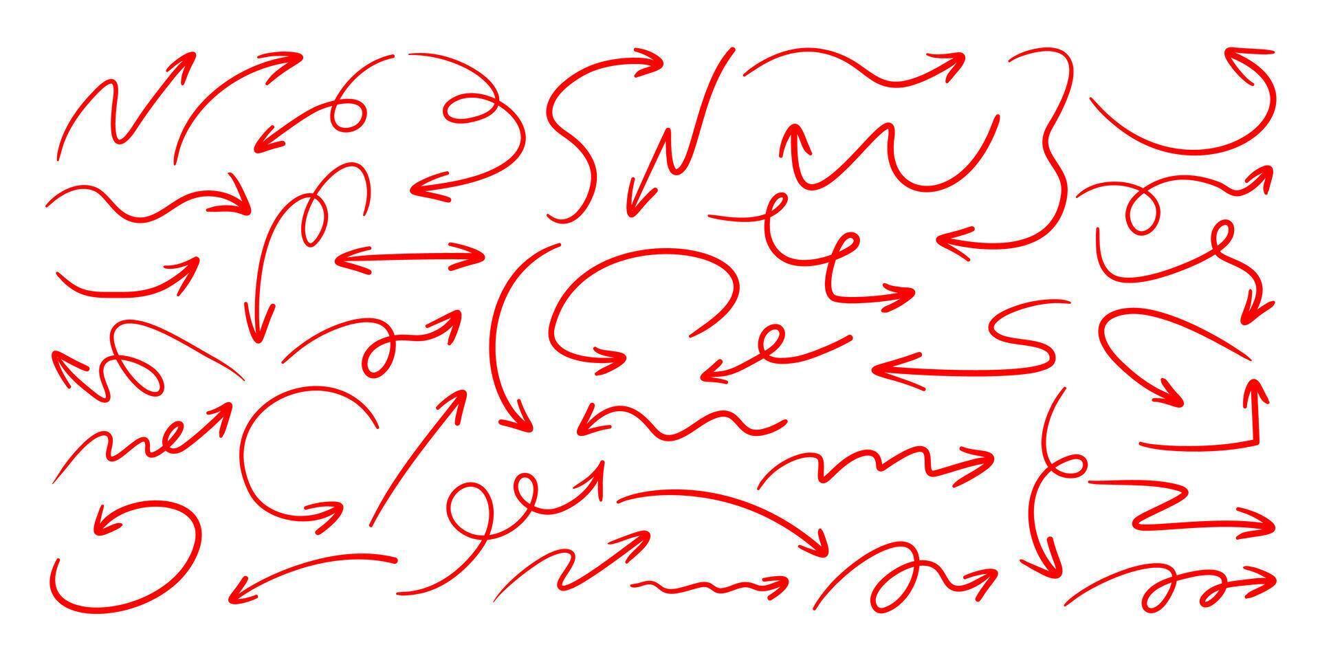 A set of red hand drawn arrows. A collection of arrows of various shapes, including curved, wavy, circular, and spiral. illustration of decorative directional signs isolated vector