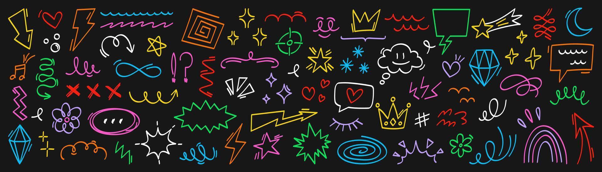 Set of colorful doodles. A collection of hand-drawn sketches featuring abstract icons, crowns, stars, lightning bolts, arrows, hearts, bubbles, and geometric shapes. Abstract background vector