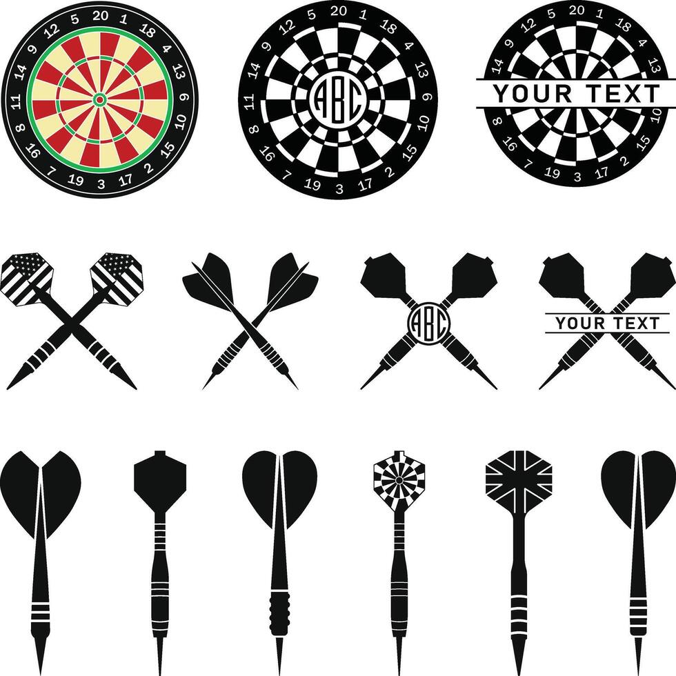 Dart Board Silhouette, Dart Pin. Dartboard Arrow, Target Shooting Set isolated vector