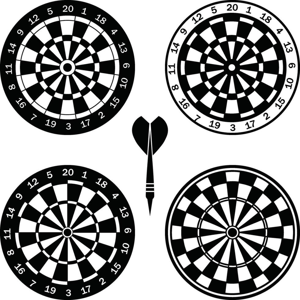 Dart Board Silhouette, Dart Boards. Dart Game, Dartboard, Target Shooting Set. vector