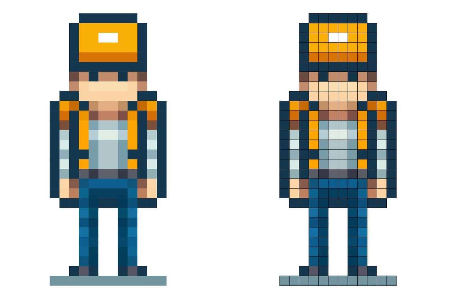A pixel art character stands still with an orange cap and backpack. This character appears ready for adventure, showcasing a vibrant design against a simple background vector
