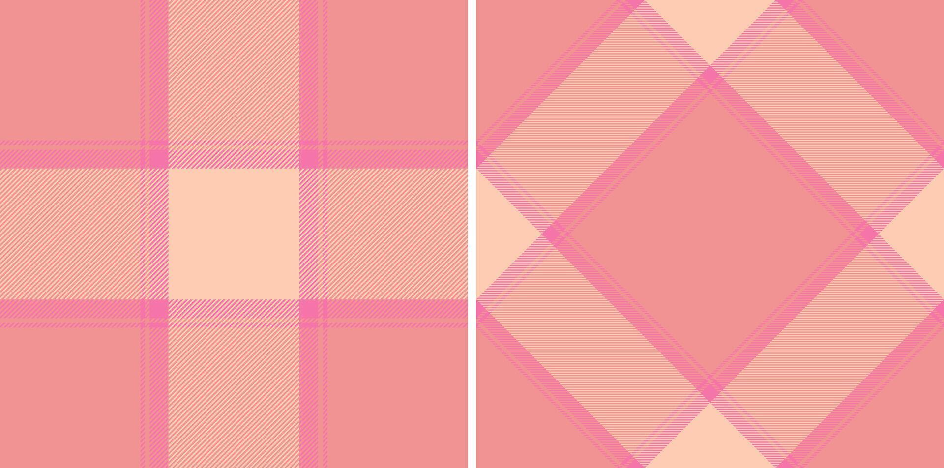 Two coral and pink classic tartan pattern designs, one regular and one rotated, for versatile design applications. Use for textiles, backgrounds, or branding. vector