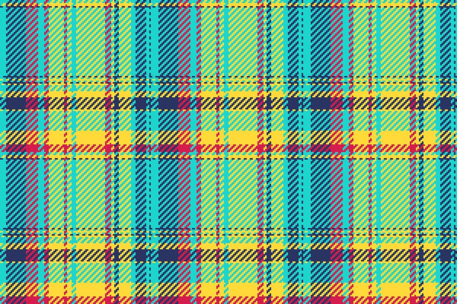 Vibrant plaid pattern with intersecting stripes and geometric shapes. Versatile design perfect for textile, fashion, or background applications. Creates a cozy, retro feel. vector