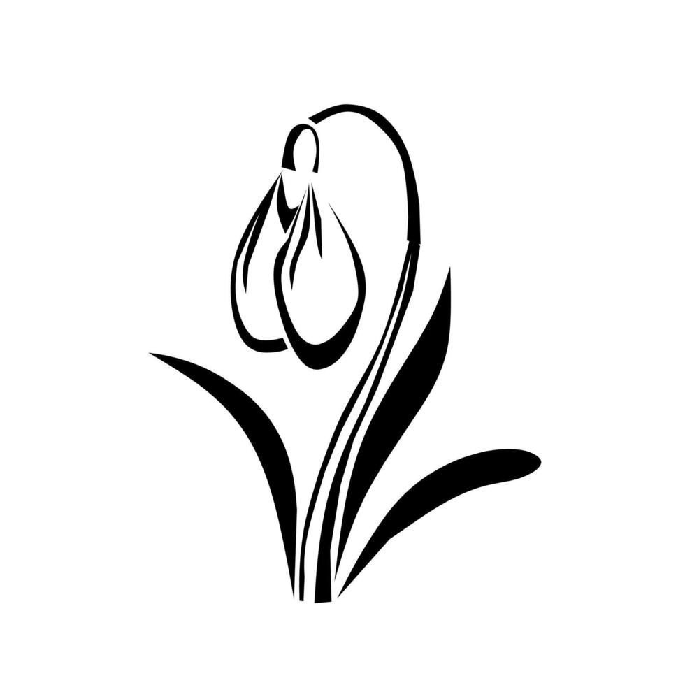 Elegant black silhouette of a snowdrop flower with flowing lines and minimalist style, symbolizing purity and new beginnings on a clean white background. vector