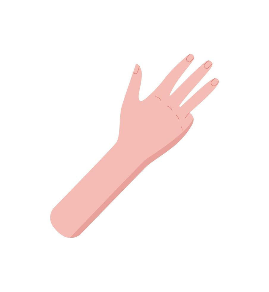 Flat style hand gesture with four fingers up sticker. Bare palm and wrist express the number four in a clear pose. Minimal signal concept, perfect for counting visuals and educational materials. vector