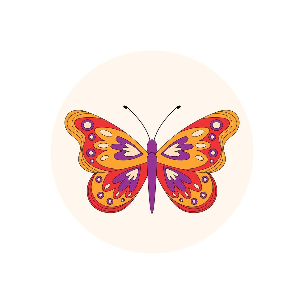 Groovy retro butterfly sticker with colorful circle shape. Funky butterfly on a y2k style graphic fits perfectly as a seal for lid and package. Ideal for fun packaging with vibrant design. vector