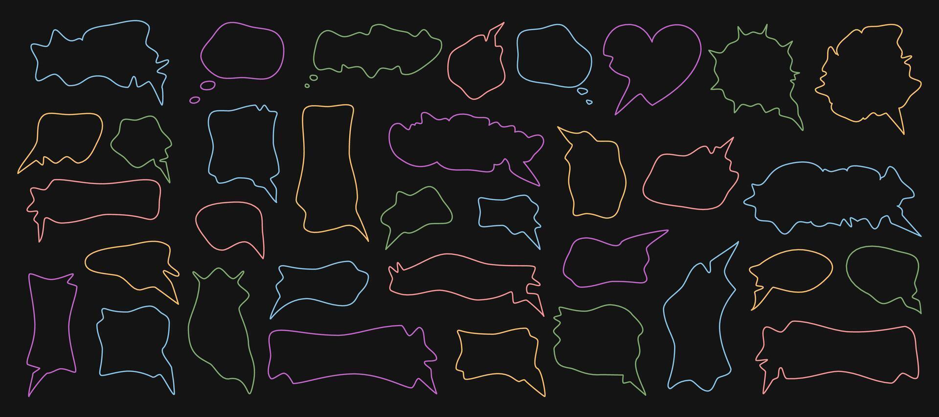 Colorful squiggle outline chat bubble set in hand drawn doodle style. Each round bubble and speech box shows outlined talk for creative chat and conversation needs. Fun set for message, talk, cartoon vector