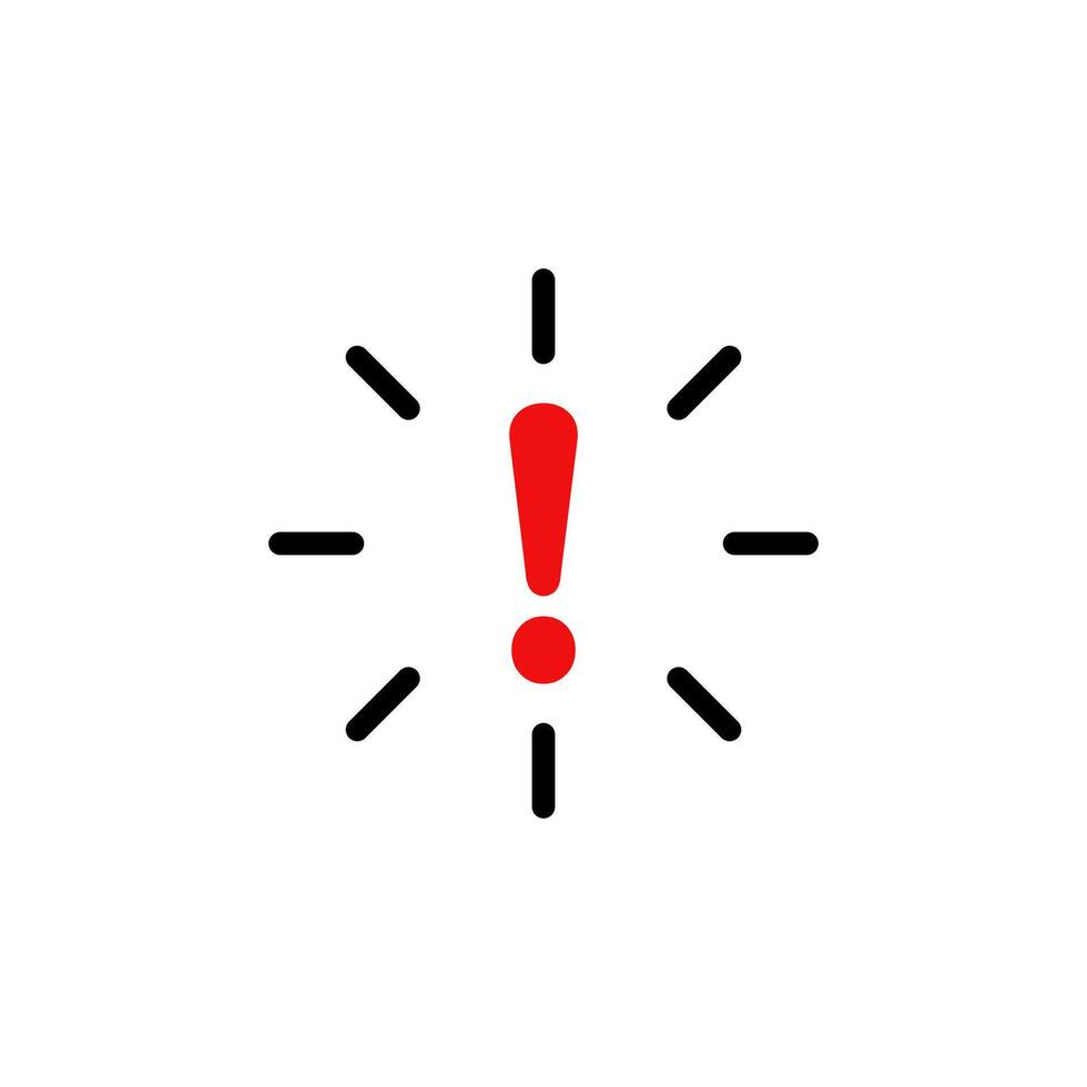 Exclamation mark inside red circle with radiating lines indicating alert or urgency vector
