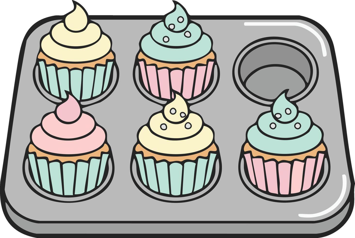 Muffin pan with frosted cupcakes and one empty cup vector