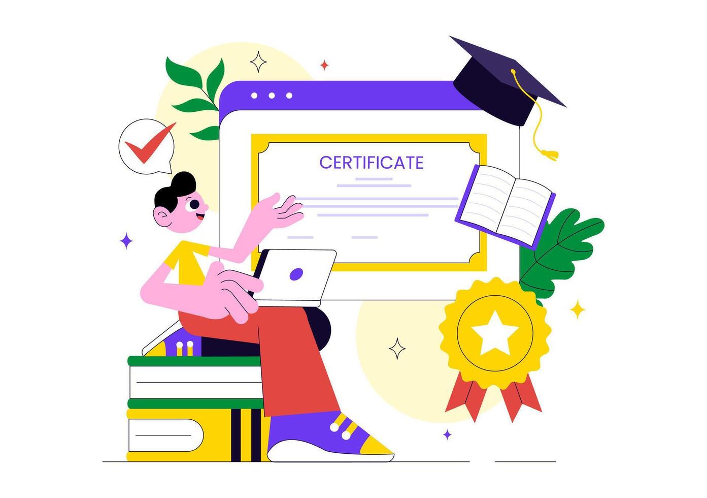 Illustration of Online Course Certificate with Mobile Learning App and Tutor Guidance vector