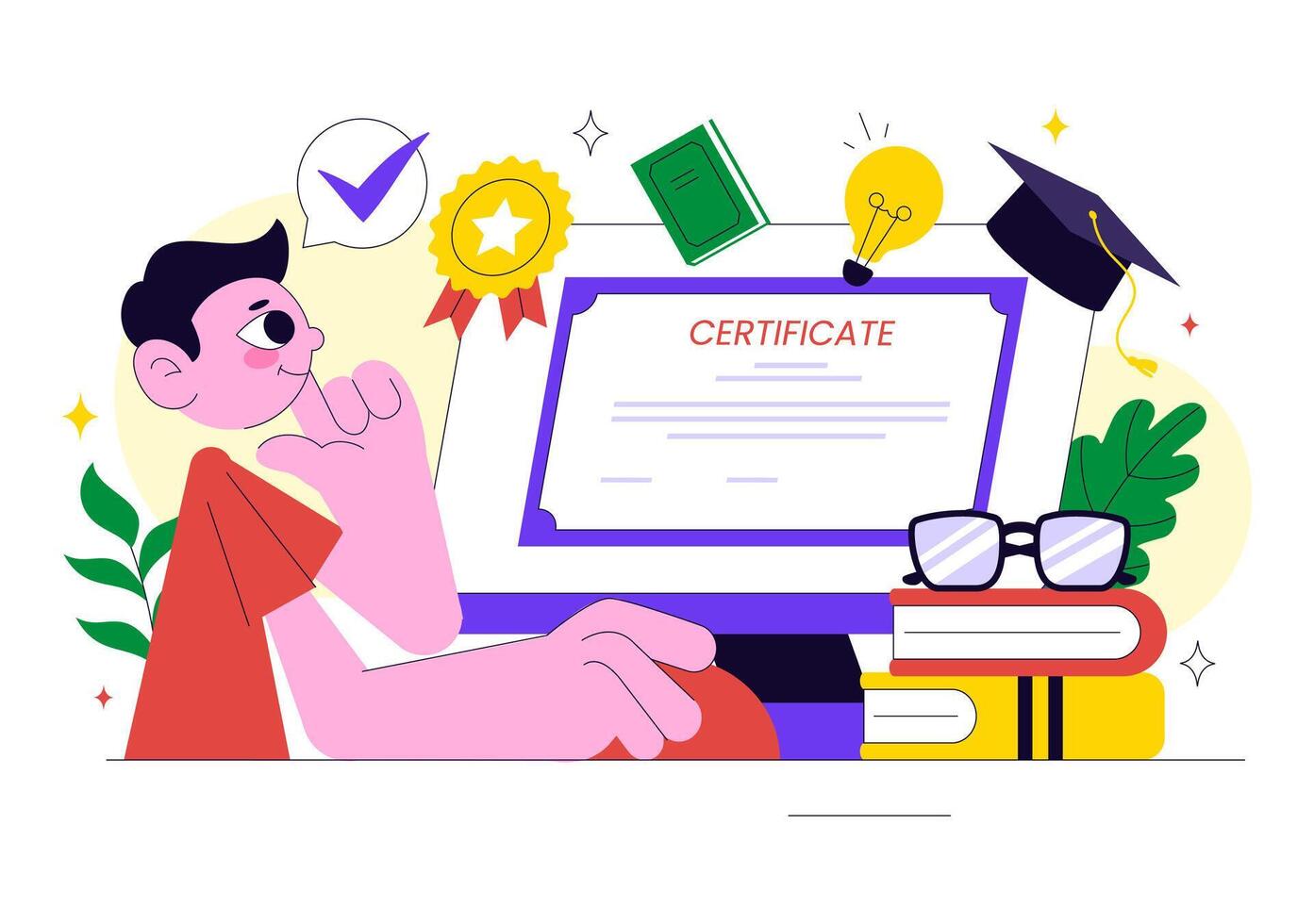 Digital Course Certificate Illustration Featuring Skill Improvement and Online Tutor vector