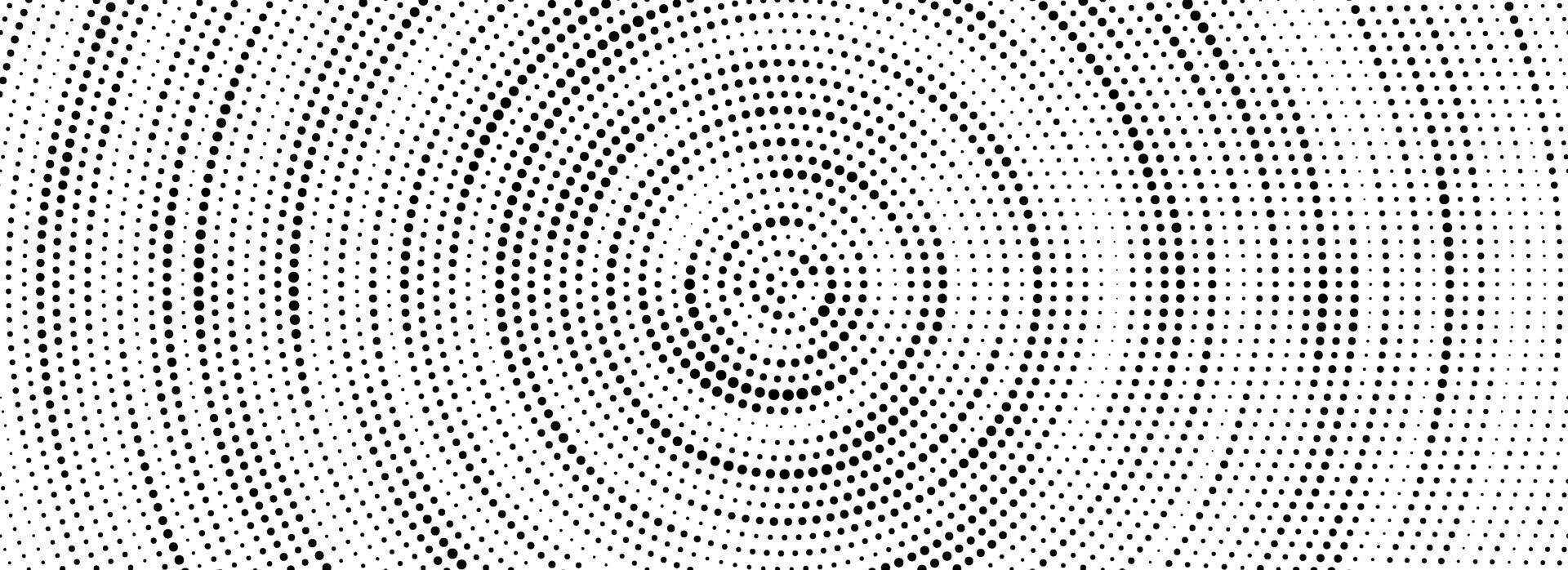 Black halftone concentric circle texture. Rippled repeating sound wave ring wallpaper. Dotted radial gradient background. Rasterized backdrop for vibration, epicenter, target, radar signal vector