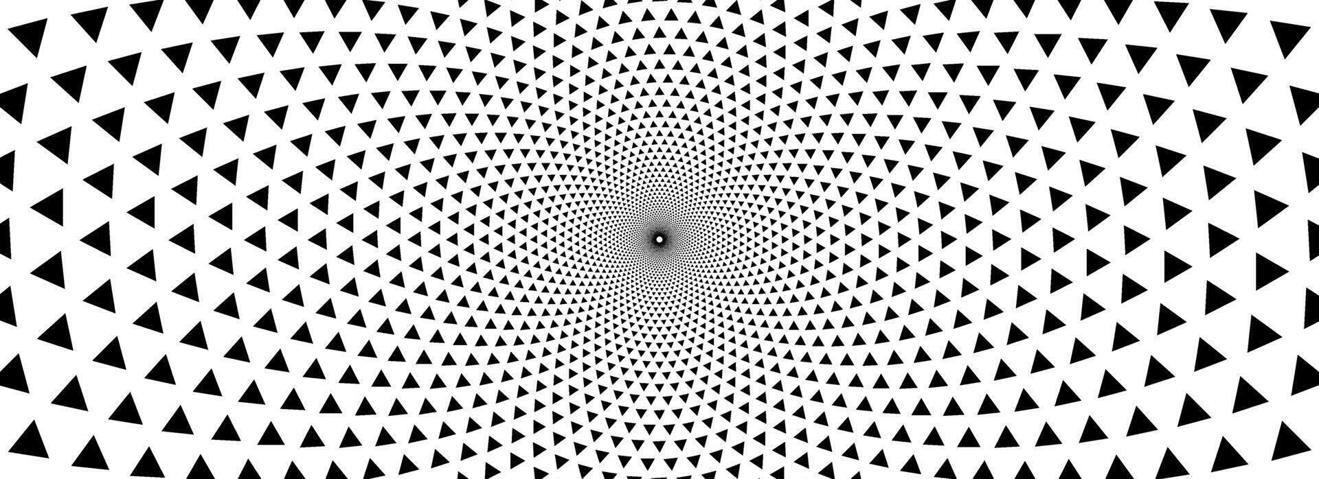 Triangle optical illusion background. Black and white hypnotic rotating triangles surface. Spinning spiral arrow poster design. Abstract trippy illusion wallpaper for banner, template design. vector