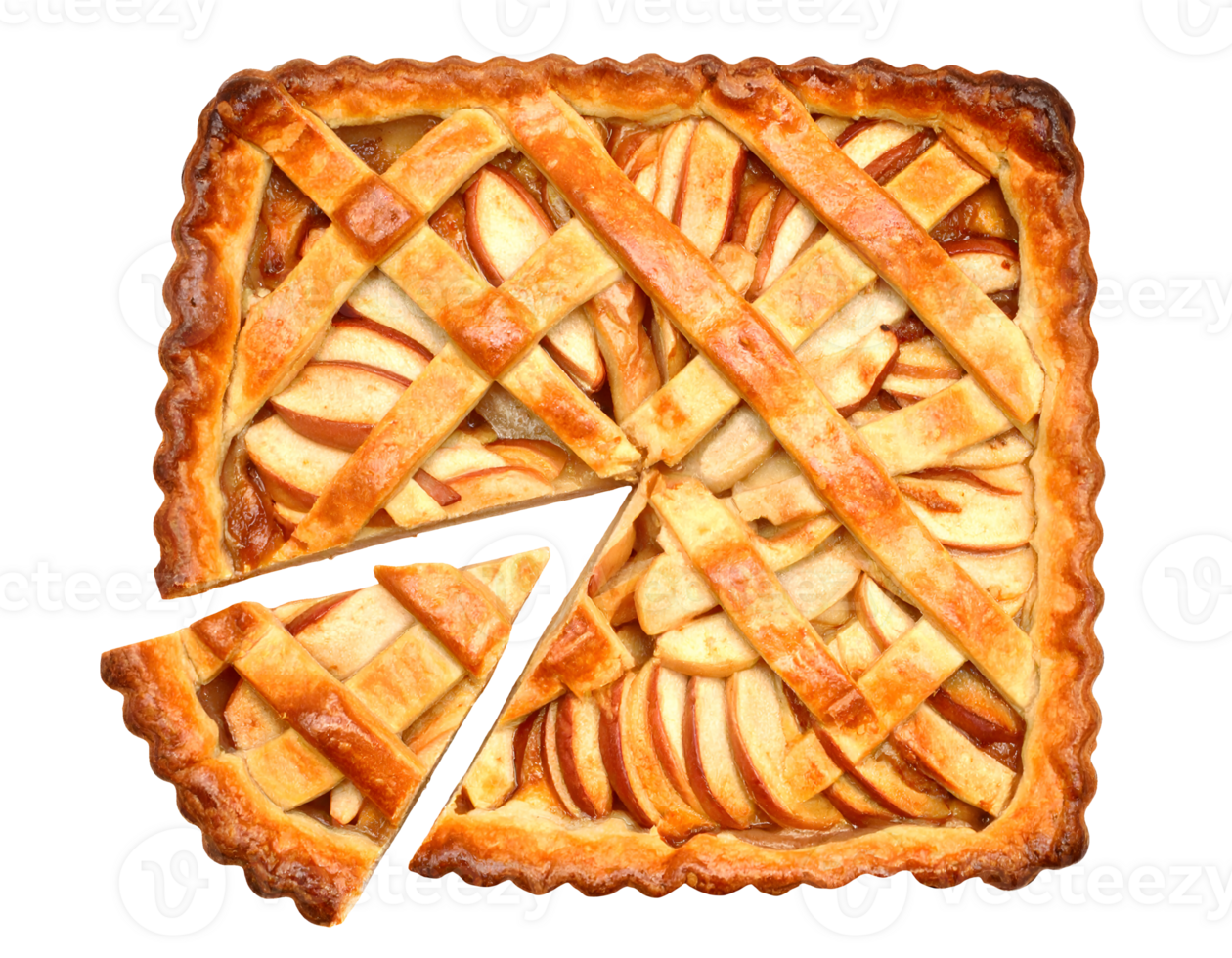 Square apple lattice pie with flaky buttery crust, caramelized fruit filling and one slice cut out, top view on isolated background png