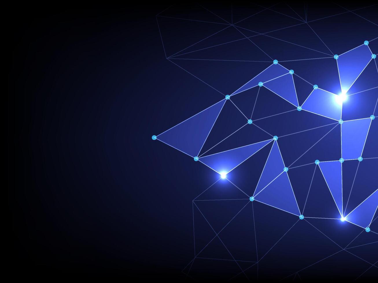 A futuristic digital network design with glowing blue nodes connected by geometric lines. The dark gradient background enhances the bright polygonal mesh, symbolizing data flow, communication vector