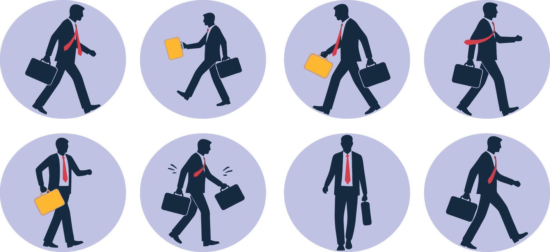 collection of eight circular icons, each depicting a businessman in different walking poses vector
