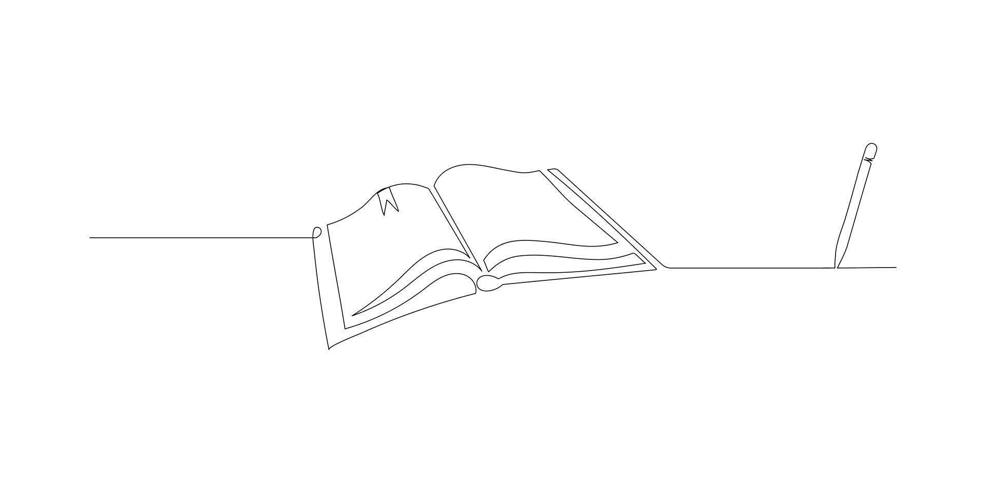 Continuous one line drawing of opened book with pen vector