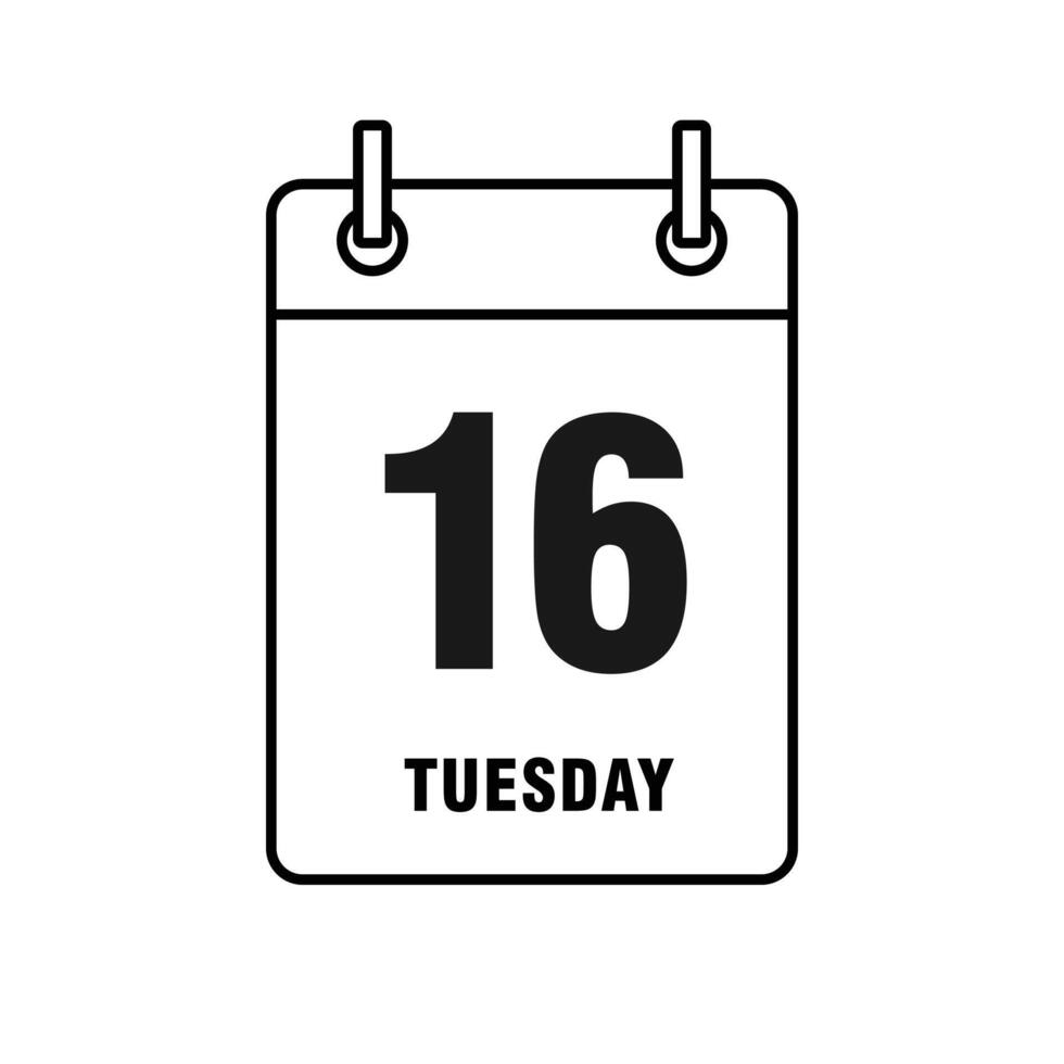 Tuesday, the 16th. Abstract calendar date page highlighting the day of the week and number of the day, marked for event schedules, meetings, and agenda planning. illustration. vector