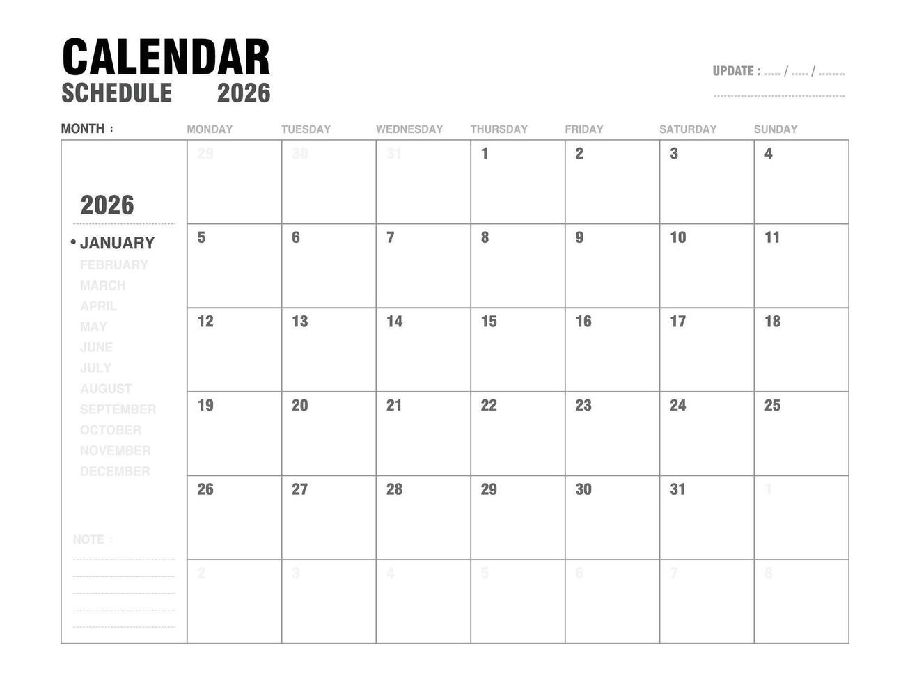 January 2026 calendar planner template with monthly layout, clear day and date for event schedules, meeting planning, and agenda organization. Minimalist design and easy to use. illustration. vector