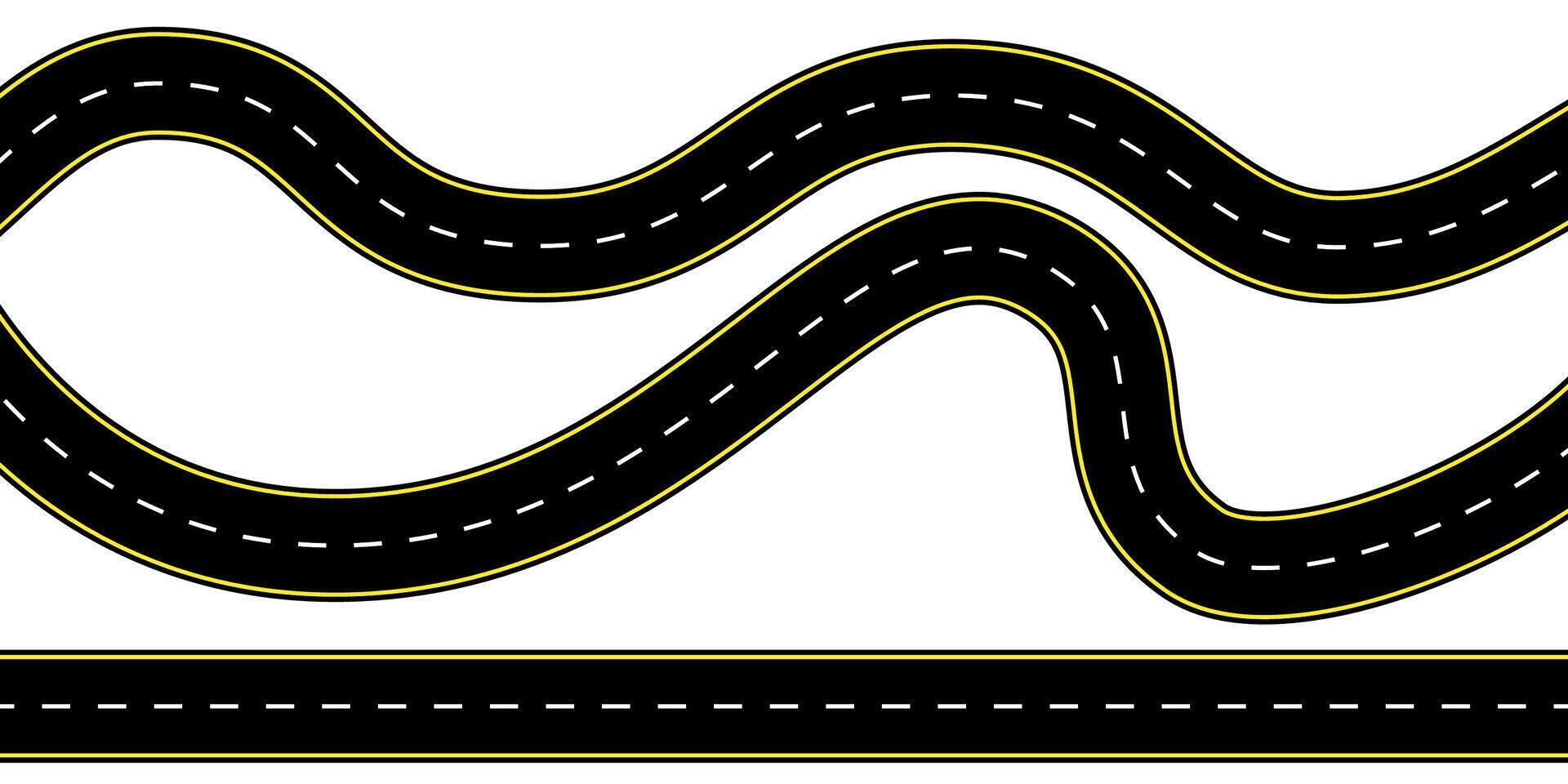 Birds eye top view of a winding highway with dashed center lines and smooth asphalt surface illustration suitable for map backgrounds route icons transport journey and empty lane vector